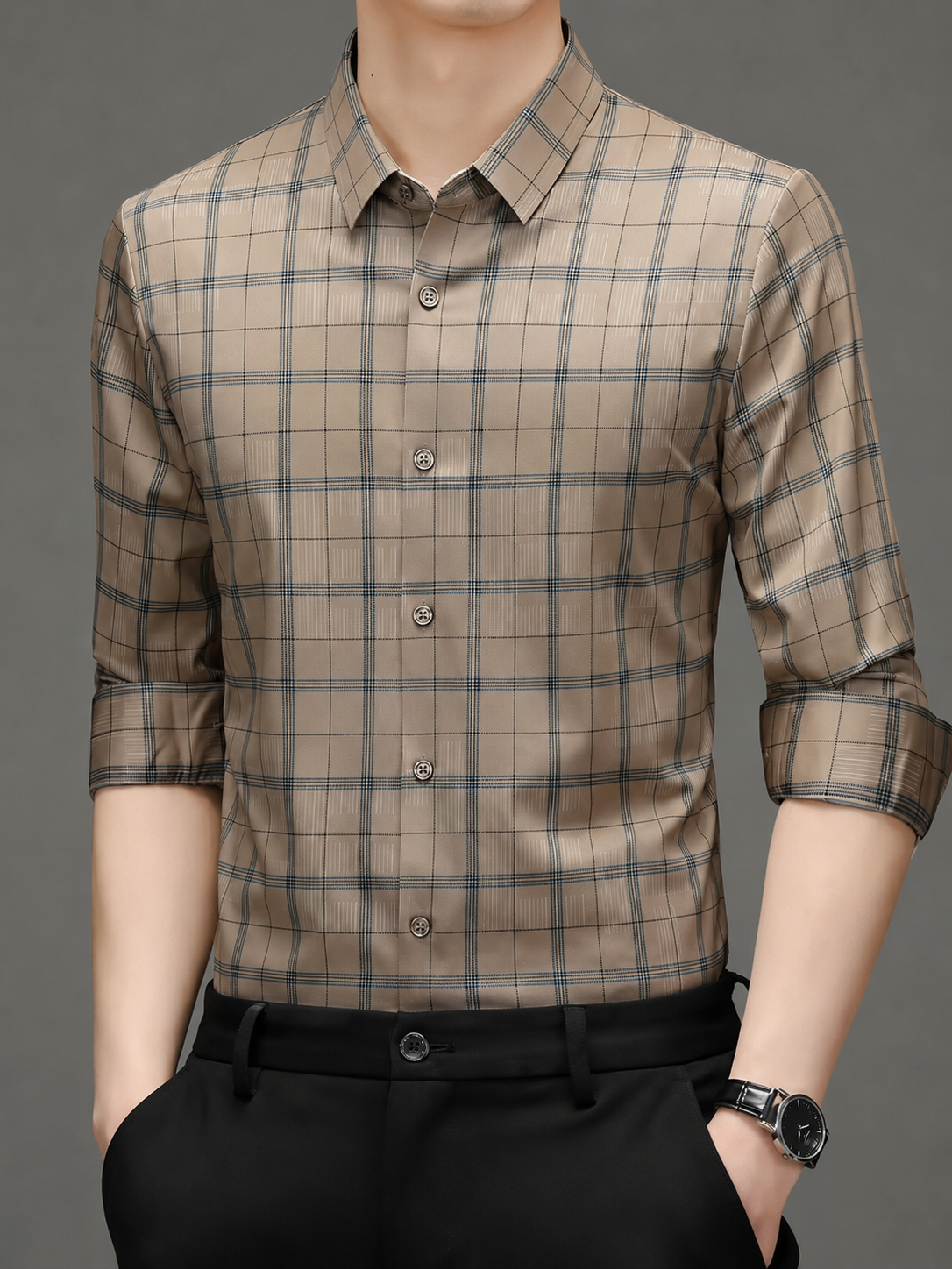 Men’s Beige Checked Formal Shirt