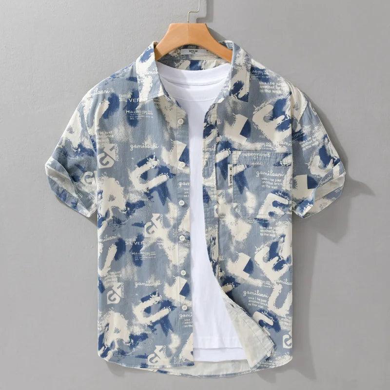Blue cryptic pattern printed half sleeve shirt