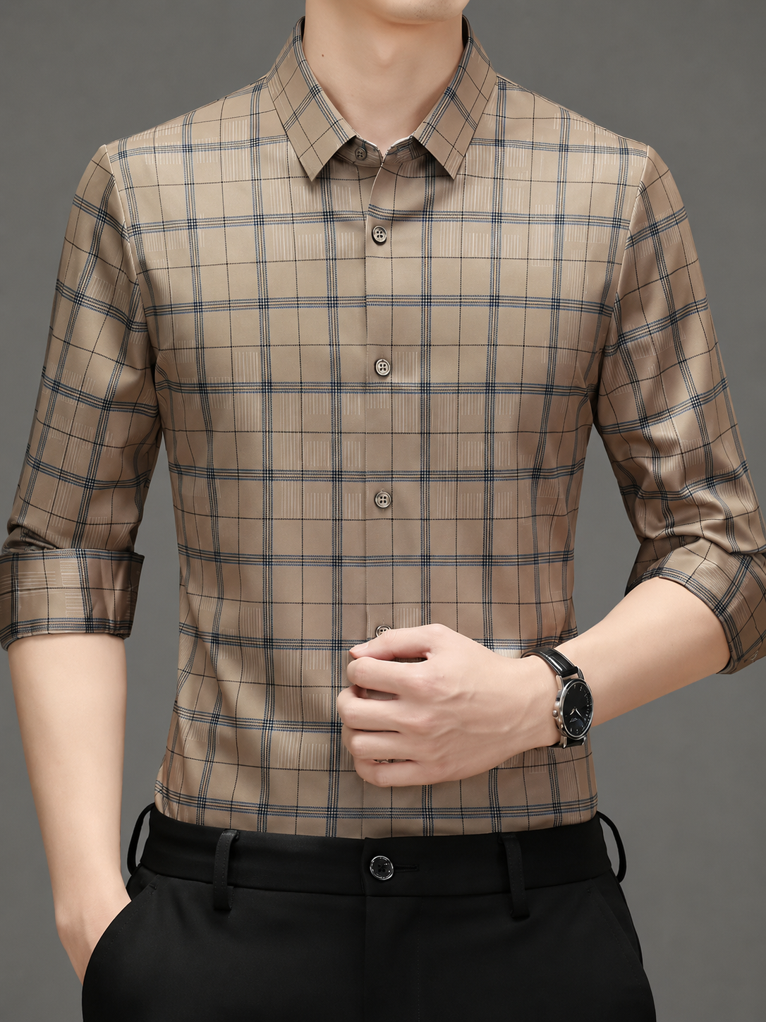 Men’s Beige Checked Formal Shirt