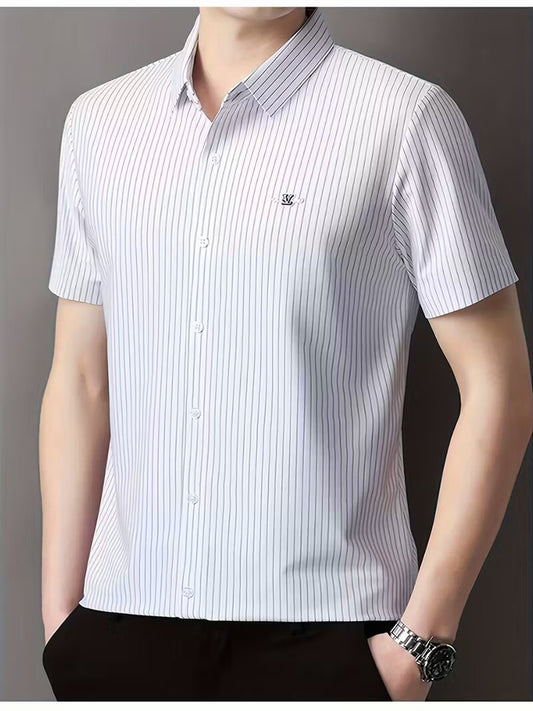 Men’s Premium White Vertical Stripe Slim Fit Shirt – Half Sleeve