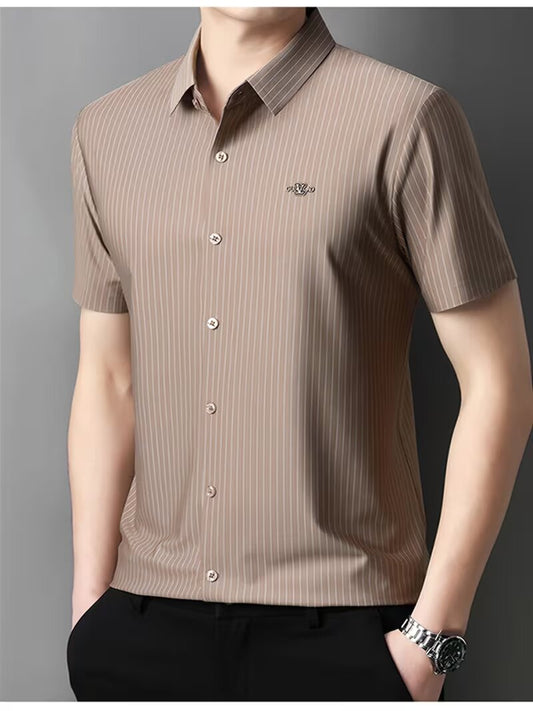Men’s Elegant Beige Striped Short Sleeve Shirt