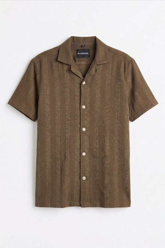 Textured Brown Camp Collar Shirt
