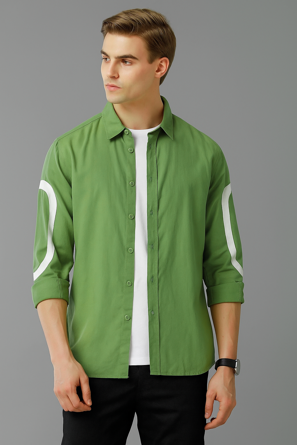 Olive Green cut-pest long sleeve mens shirt