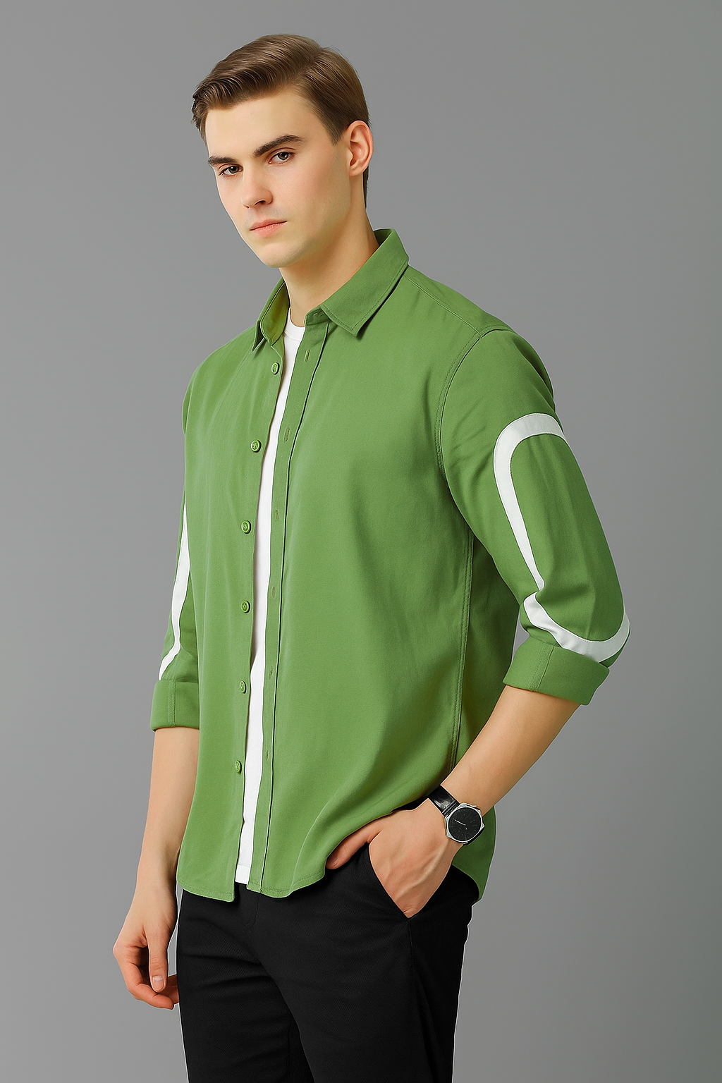Olive Green cut-pest long sleeve mens shirt