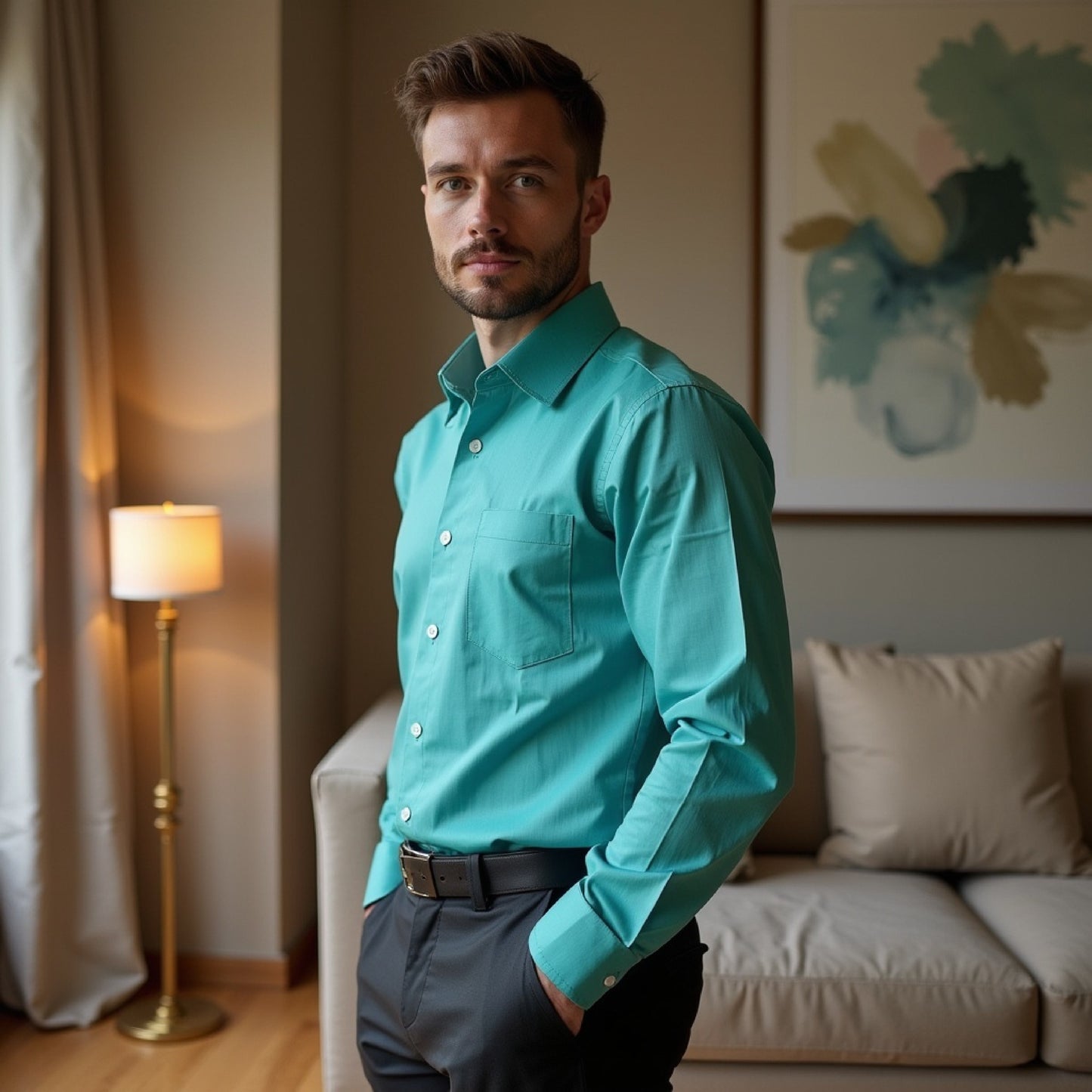 Teal Color Solid Pure Cotton Shirt For Men