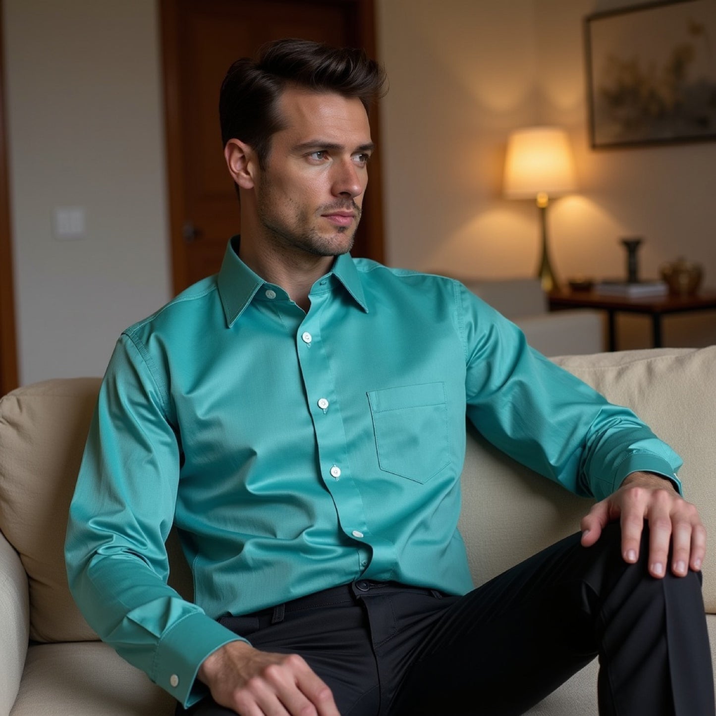 Teal Color Solid Pure Cotton Shirt For Men