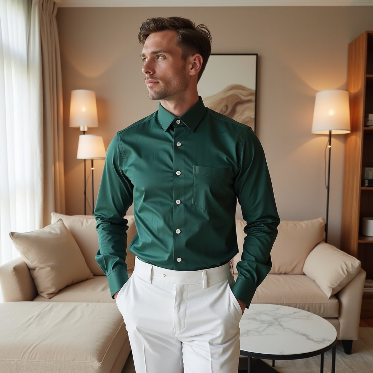 Green Color Solid Pure Cotton Shirt For Men