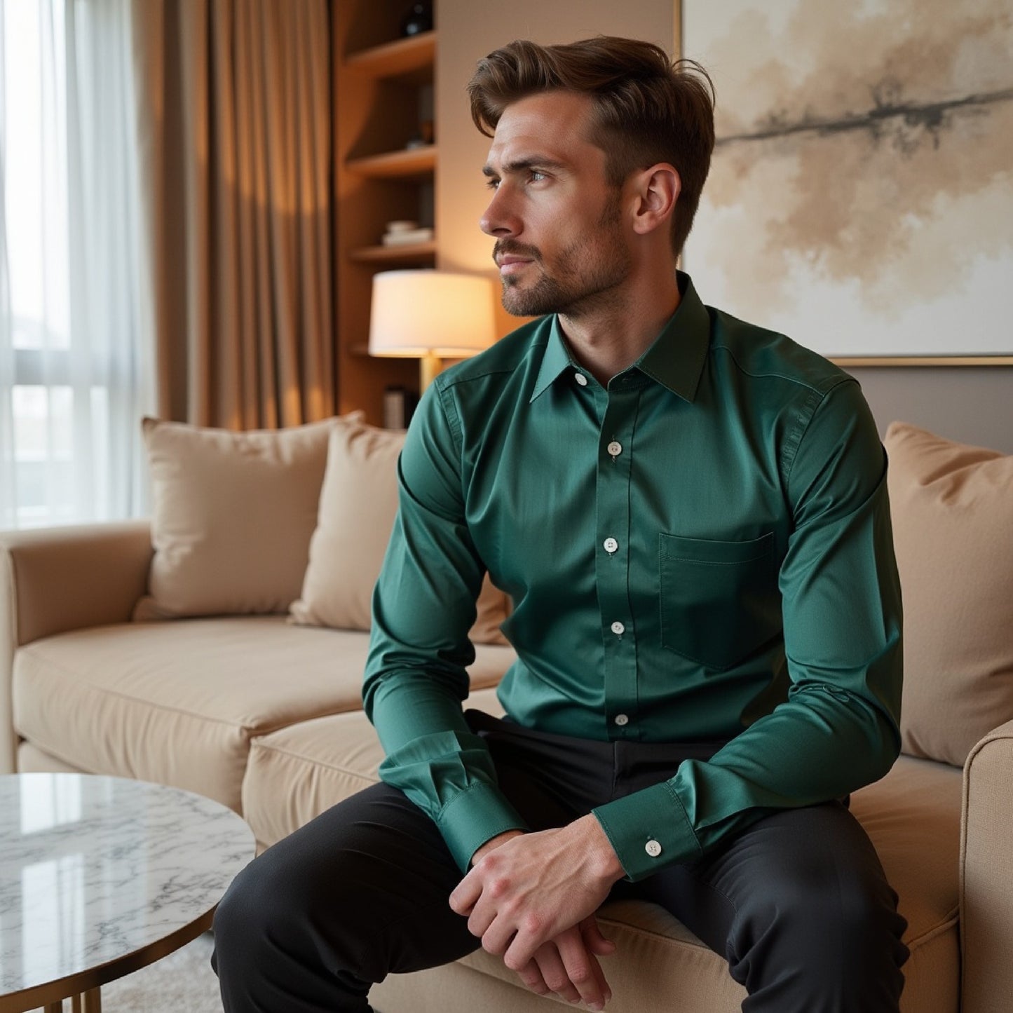 Green Color Solid Pure Cotton Shirt For Men