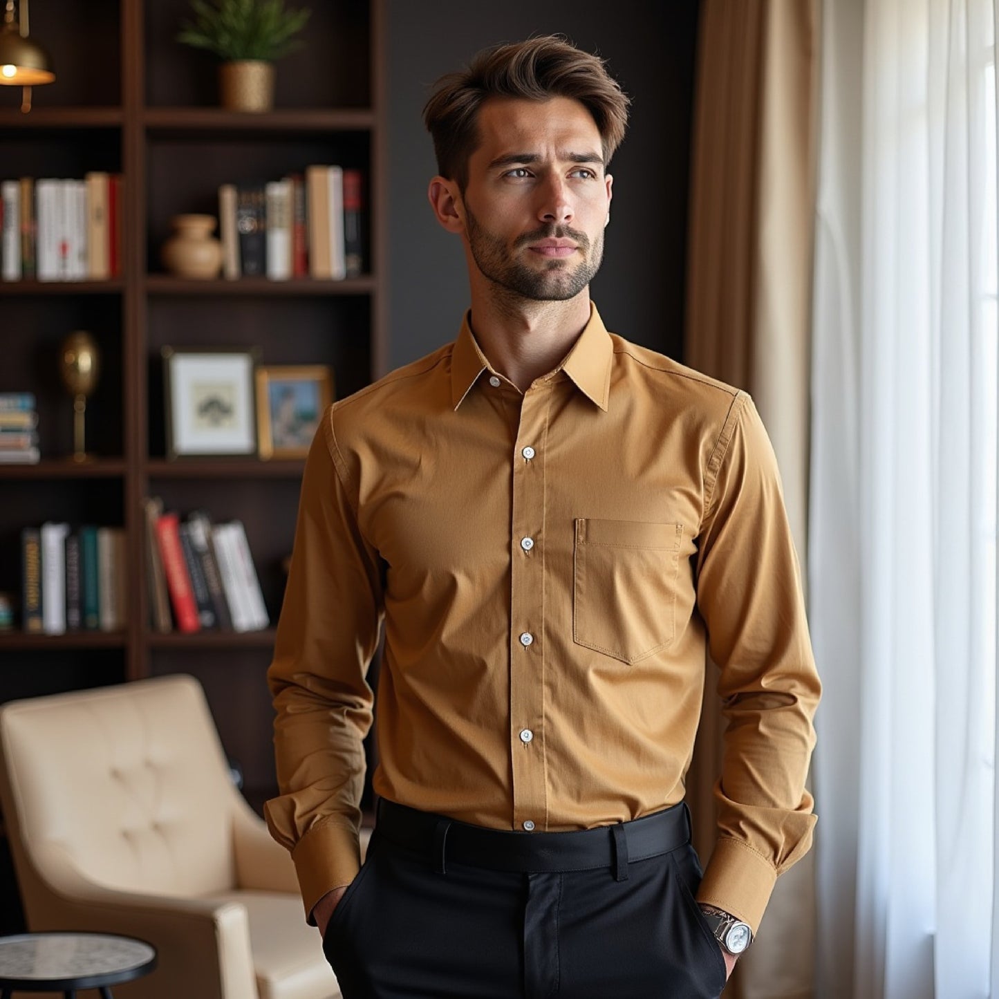 Golden Color Solid Pure Cotton Shirt For Men