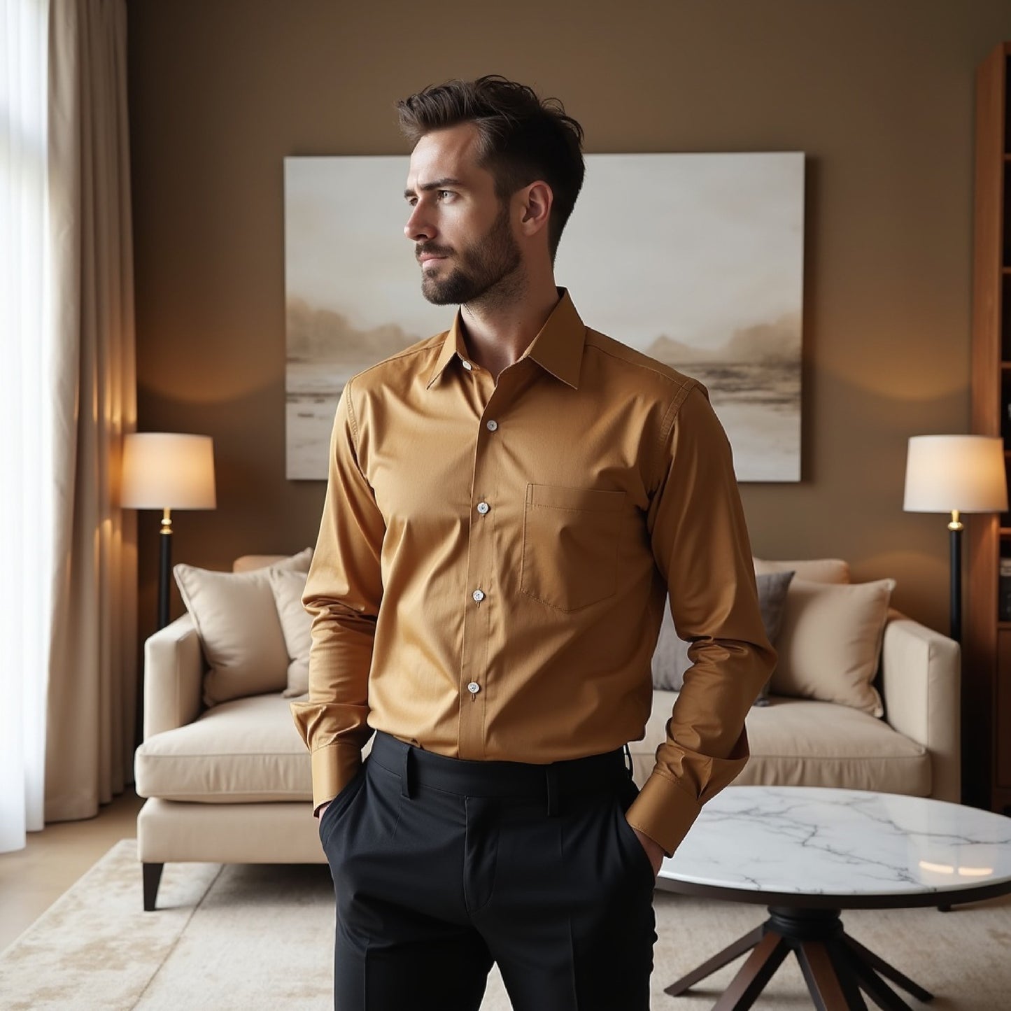 Golden Color Solid Pure Cotton Shirt For Men