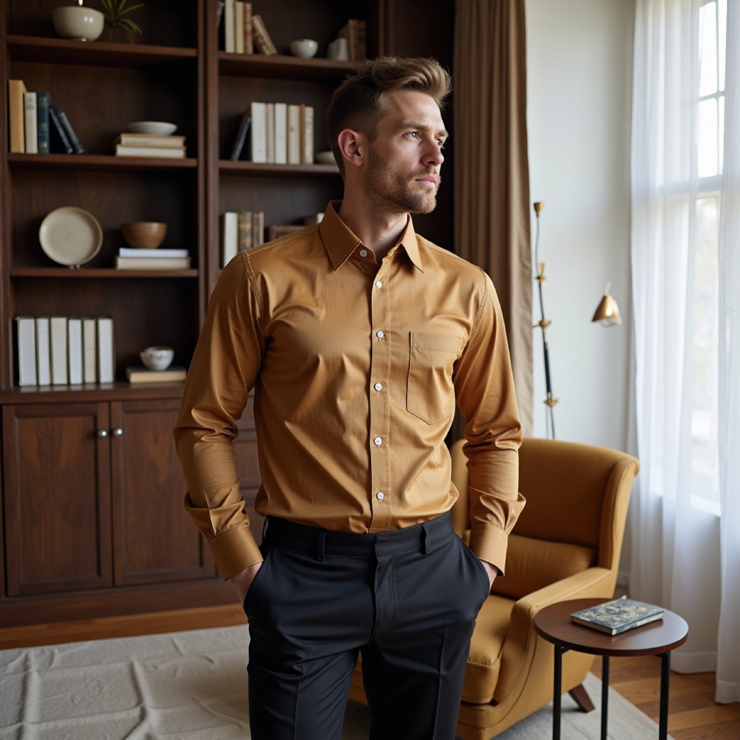 Golden Color Solid Pure Cotton Shirt For Men