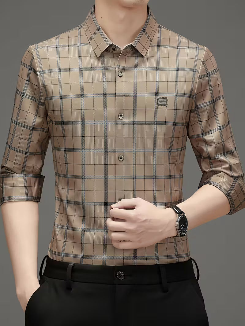 Men’s Beige Checked Slim Fit Shirt