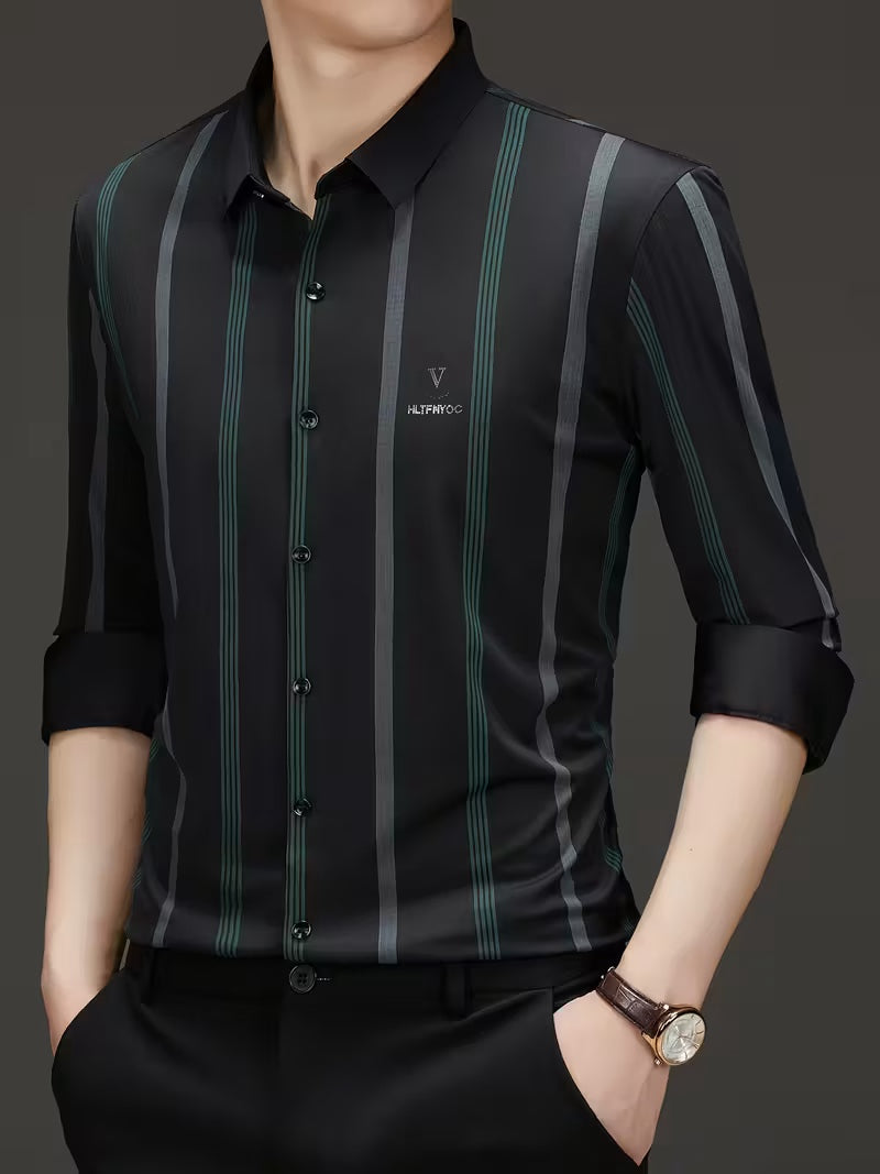 Men’s Black Vertical Stripe Shirt – Slim Fit Premium Stretch Fabric