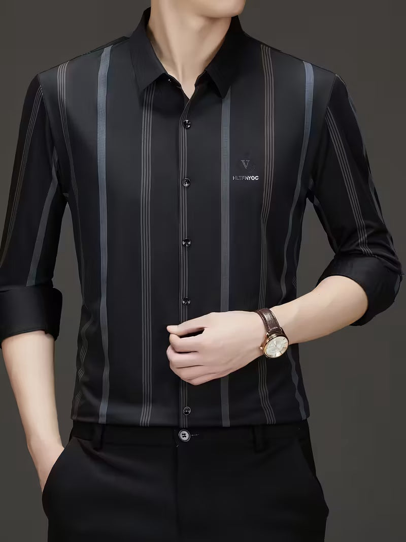 Men’s Black Vertical Stripe Shirt – Slim Fit Premium Stretch Fabric