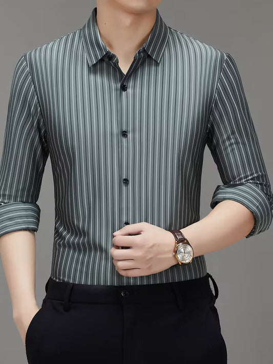 Men’s Grey Vertical Stripe Shirt – Slim Fit Formal & Casual Wear