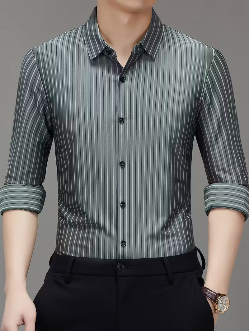 Men’s Grey Vertical Stripe Shirt – Slim Fit Formal & Casual Wear