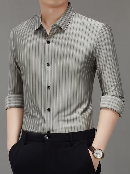Men’s Light Grey Vertical Stripe Shirt – Slim Fit Smart Casual Wear