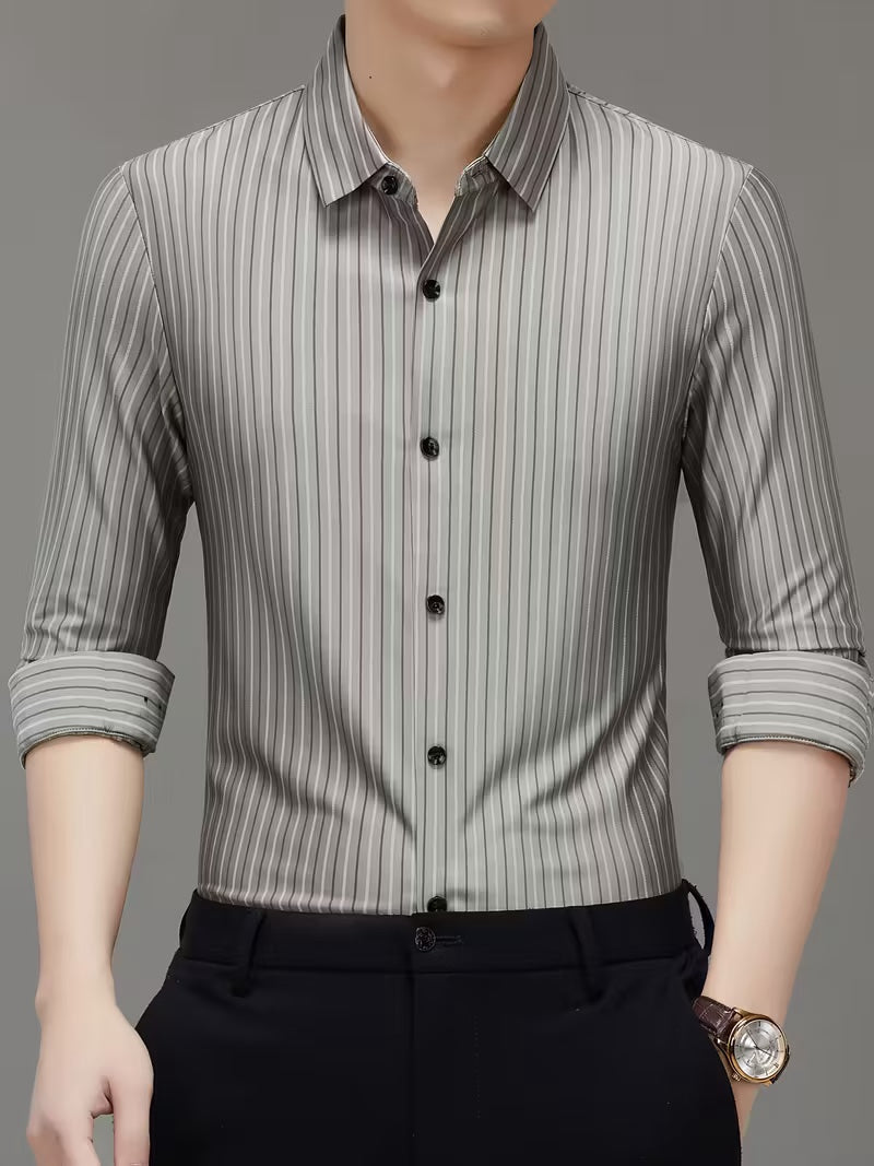 Men’s Light Grey Vertical Stripe Shirt – Slim Fit Smart Casual Wear