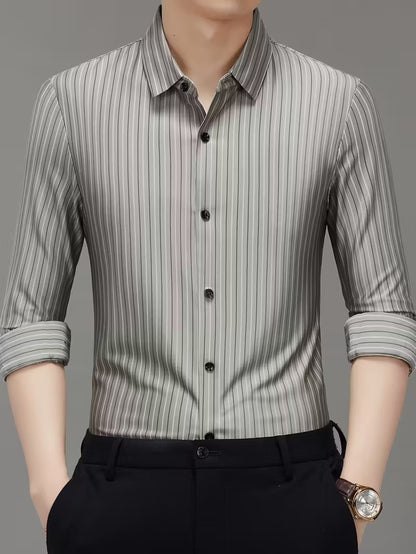 Men’s Light Grey Vertical Stripe Shirt – Slim Fit Smart Casual Wear