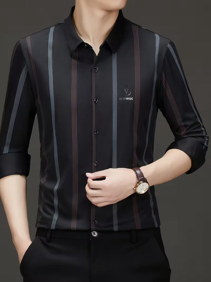 Men’s Elegant Red Vertical Stripe Slim Fit Shirt – Black