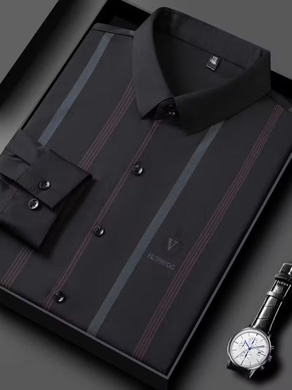 Men’s Elegant Red Vertical Stripe Slim Fit Shirt – Black