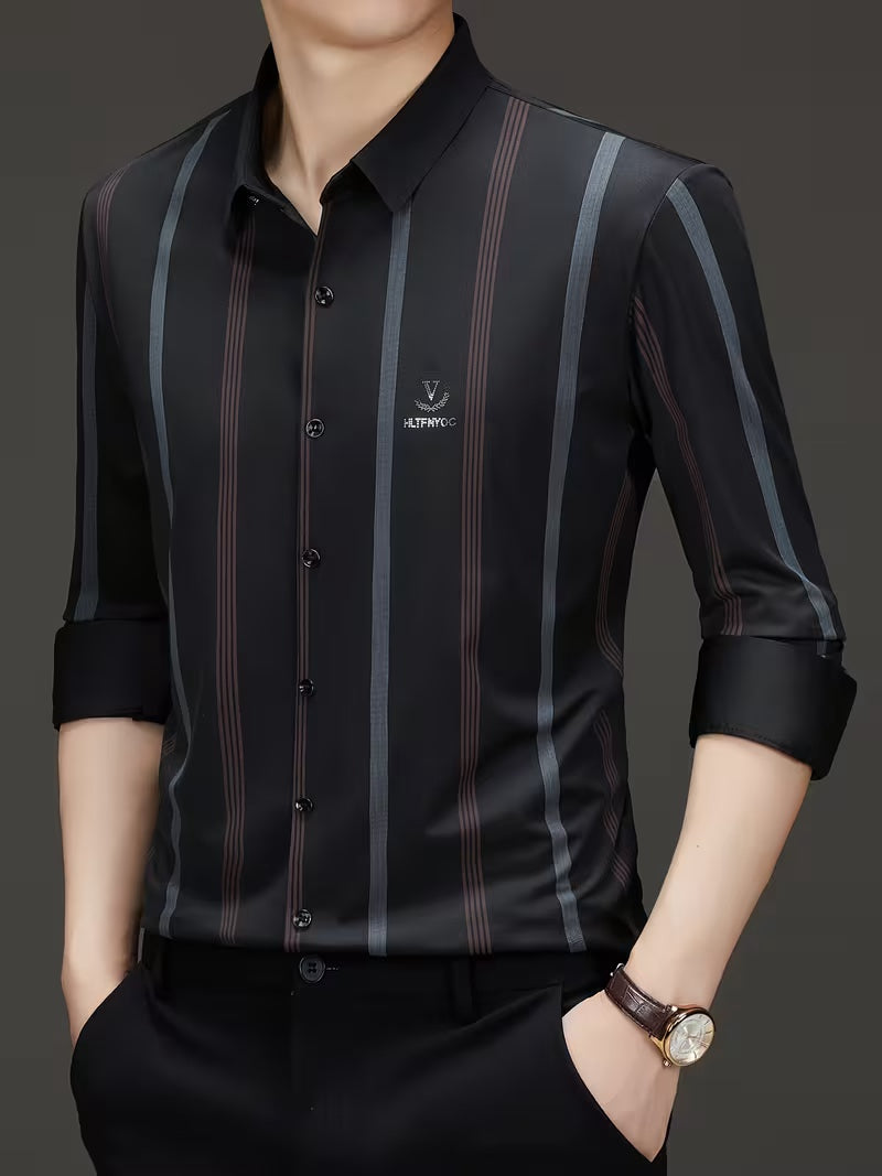 Men’s Elegant Red Vertical Stripe Slim Fit Shirt – Black