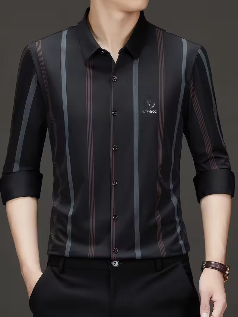 Men’s Elegant Red Vertical Stripe Slim Fit Shirt – Black