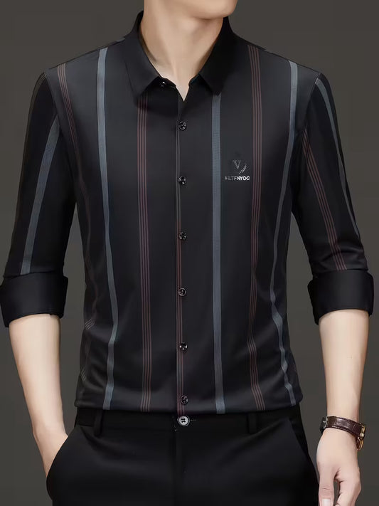 Men’s Elegant Red Vertical Stripe Slim Fit Shirt – Black