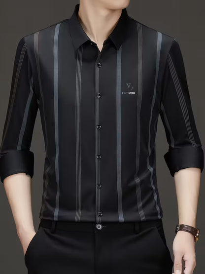 Men’s Premium Grey Vertical Stripe Slim Fit Shirt – Black