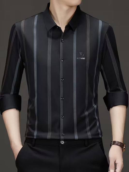 Men’s Premium Grey Vertical Stripe Slim Fit Shirt – Black
