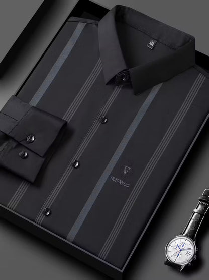 Men’s Premium Grey Vertical Stripe Slim Fit Shirt – Black