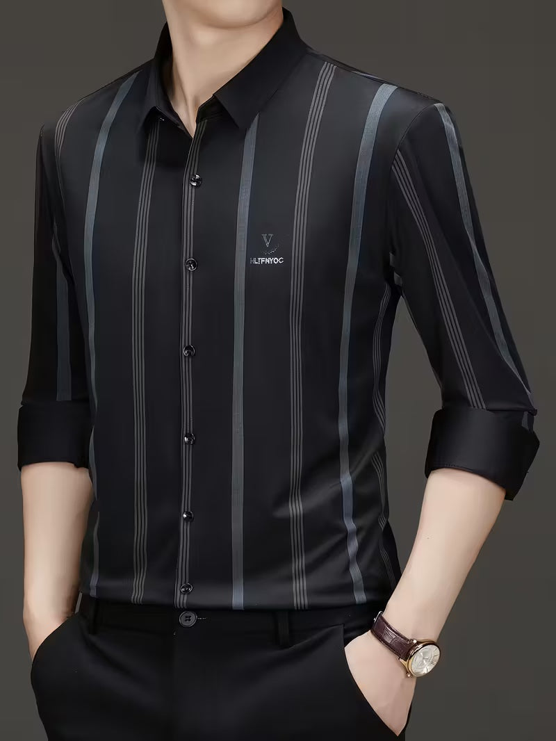 Men’s Premium Grey Vertical Stripe Slim Fit Shirt – Black