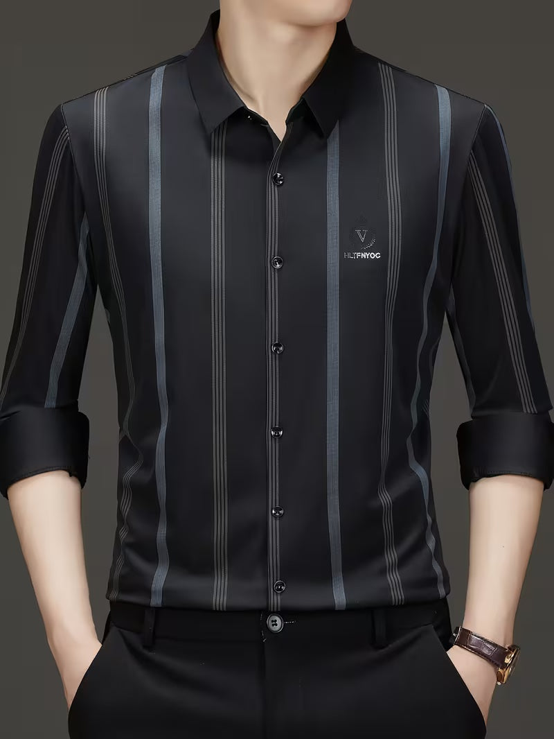Men’s Premium Grey Vertical Stripe Slim Fit Shirt – Black