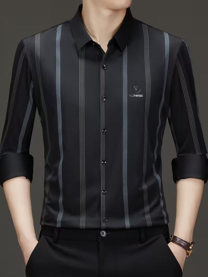 Men’s Premium Grey Vertical Stripe Slim Fit Shirt – Black