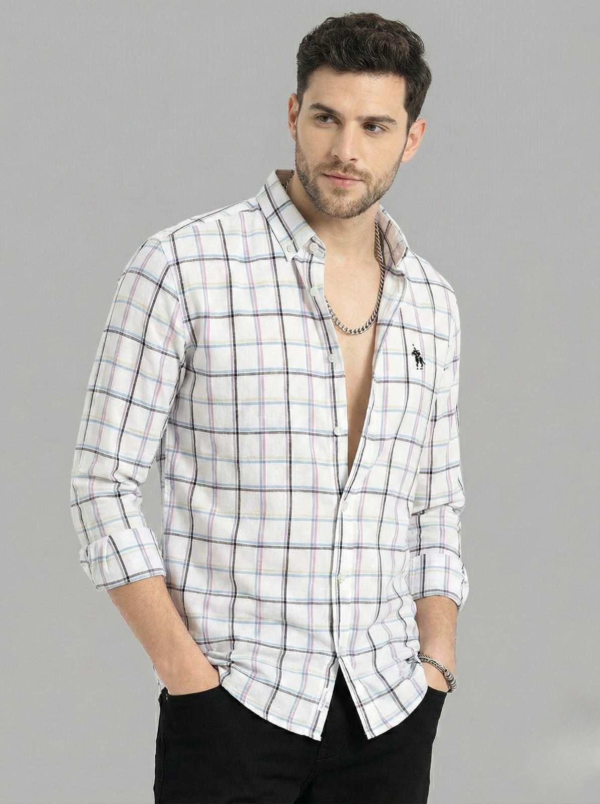 Men’s Premium White Multi-Check Casual Shirt