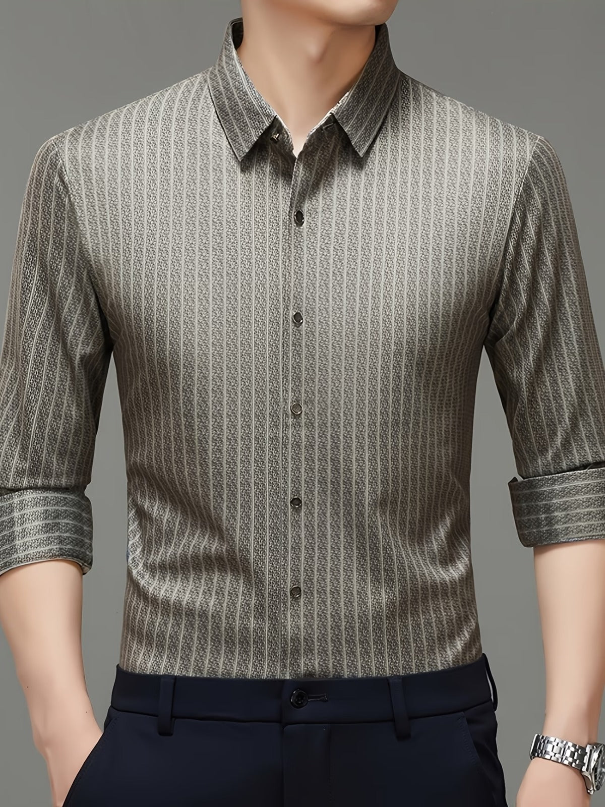 Men’s Premium Olive-Grey Vertical Stripe Slim Fit Shirt