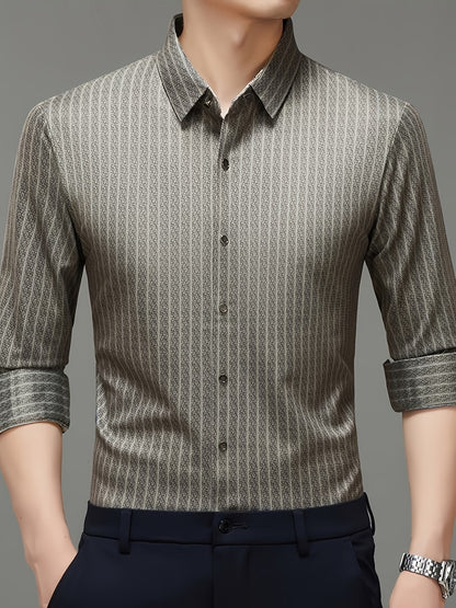 Men’s Premium Olive-Grey Vertical Stripe Slim Fit Shirt