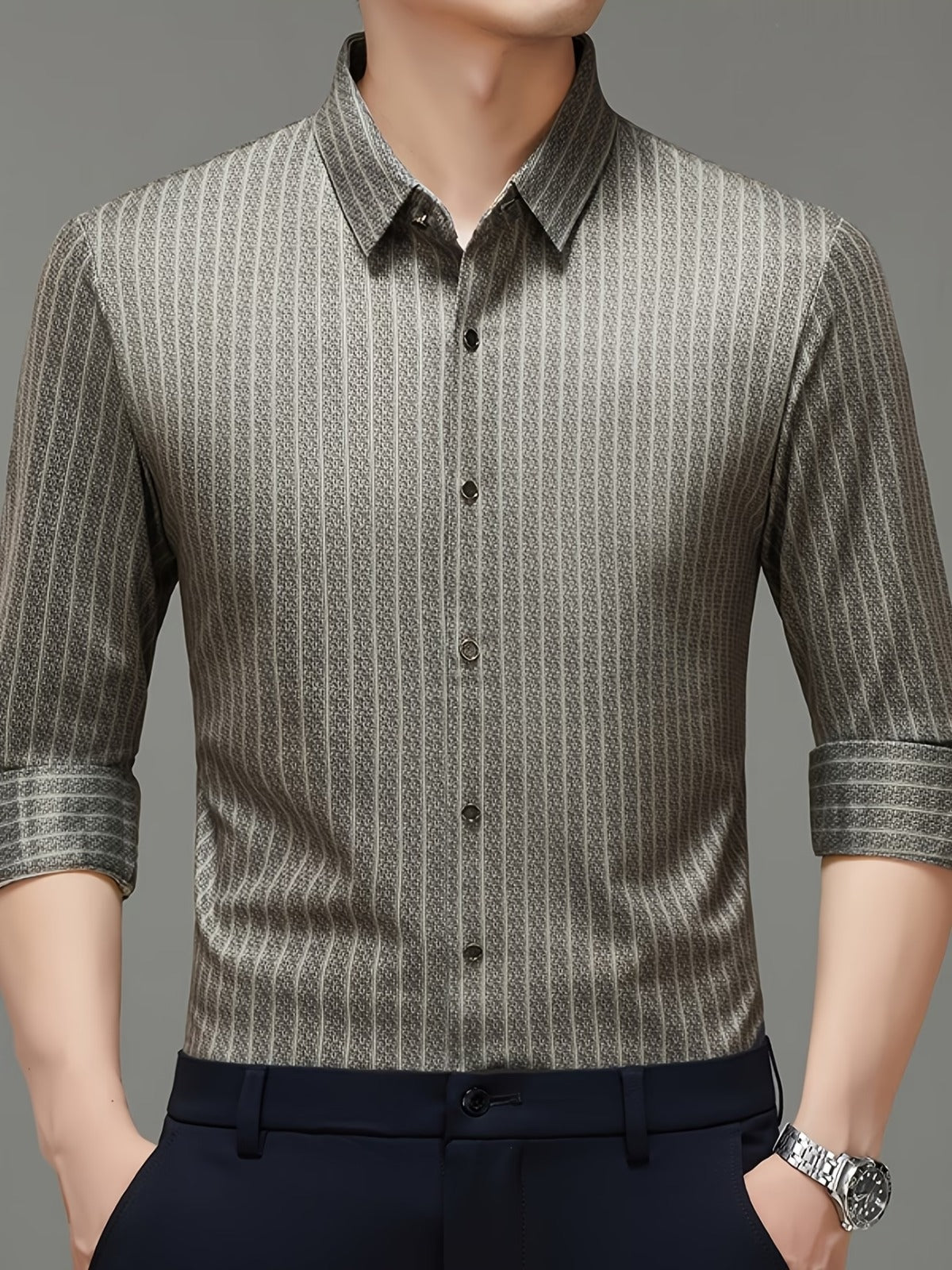 Men’s Premium Olive-Grey Vertical Stripe Slim Fit Shirt