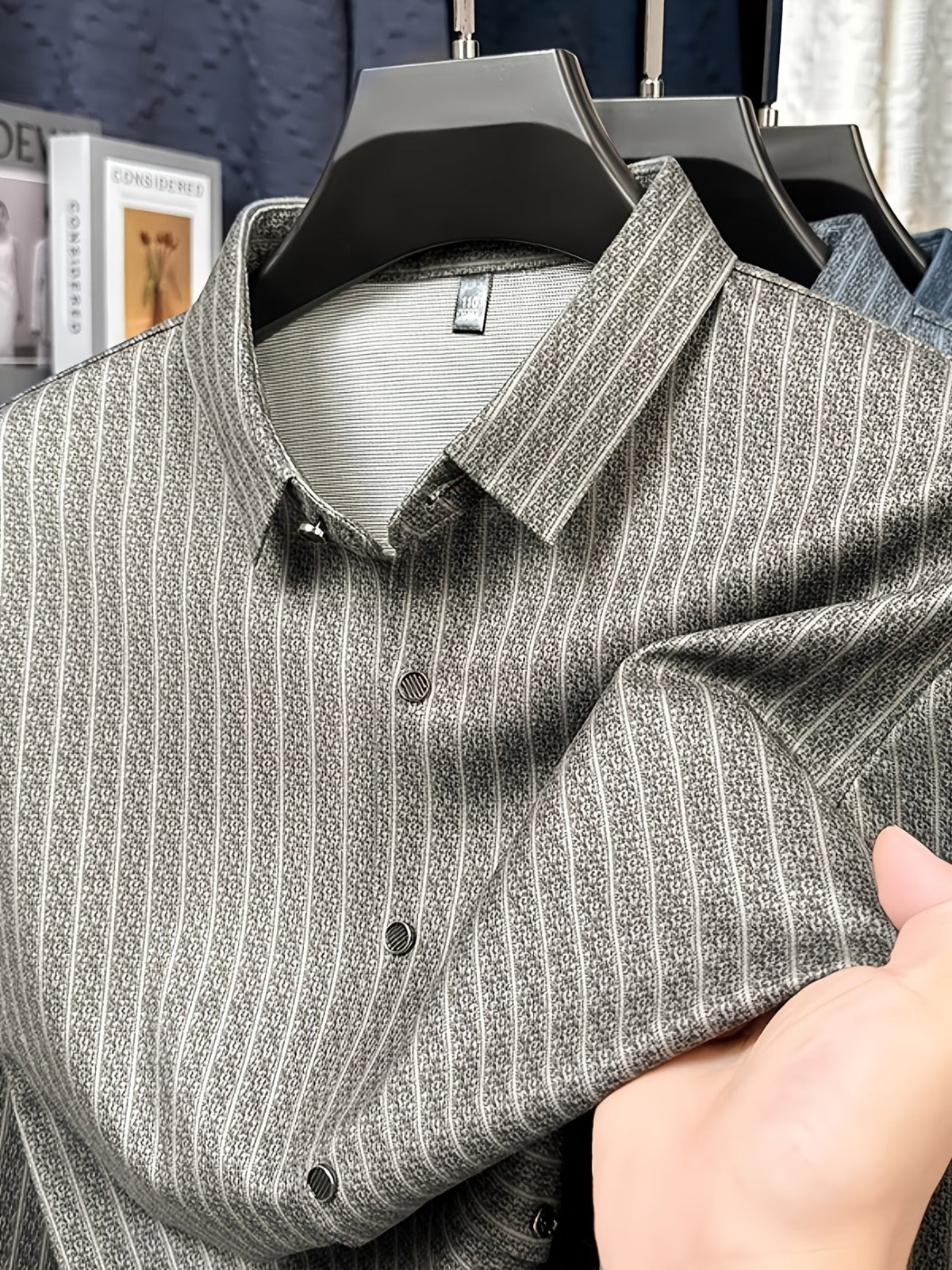 Men’s Premium Olive-Grey Vertical Stripe Slim Fit Shirt