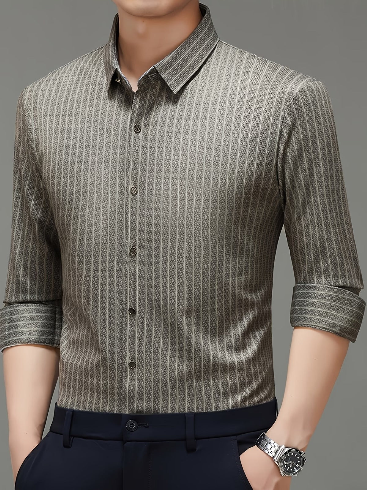 Men’s Premium Olive-Grey Vertical Stripe Slim Fit Shirt