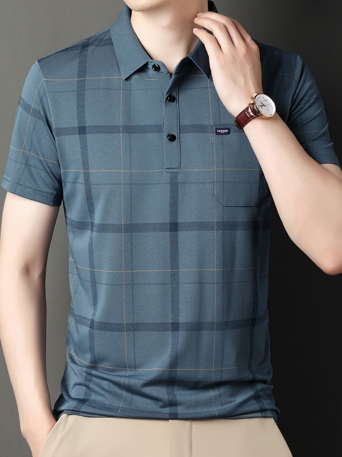 Men’s Premium Steel Blue Checked Polo T-Shirt