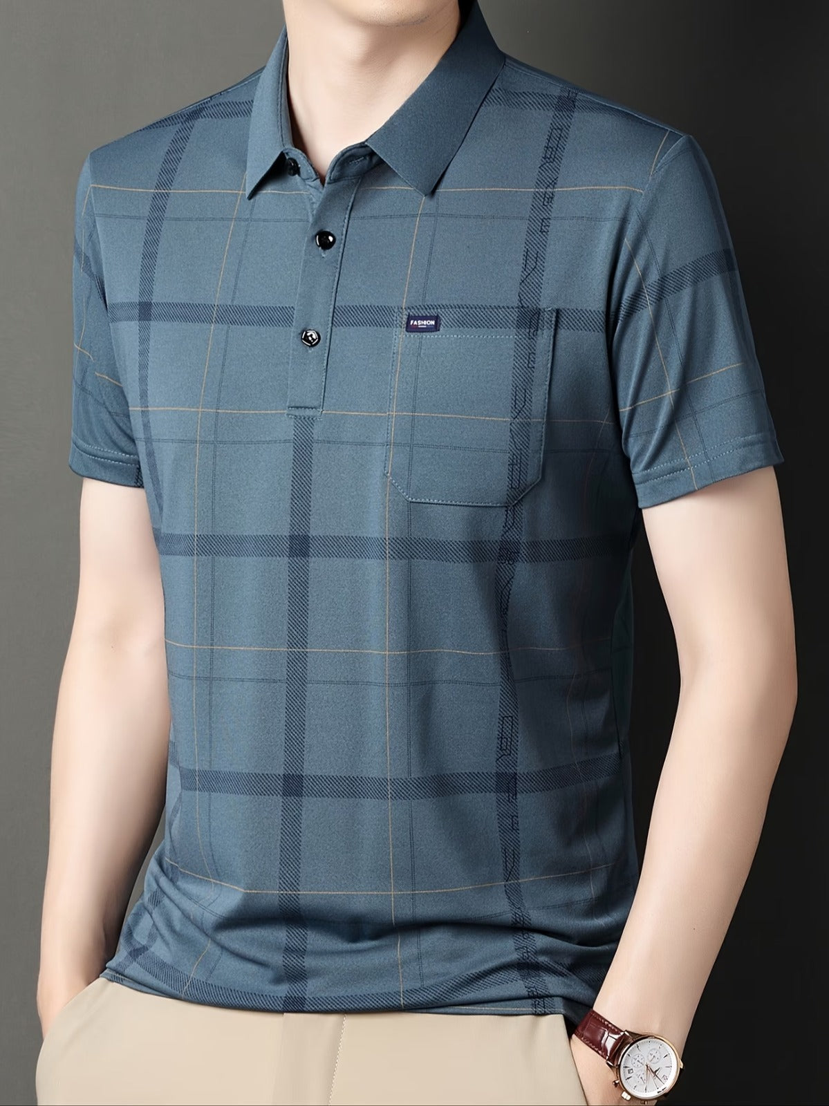 Men’s Premium Steel Blue Checked Polo T-Shirt