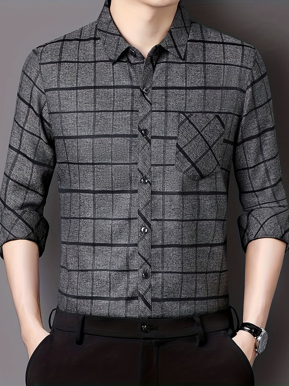 Men’s Premium Grey Windowpane Check Slim Fit Shirt