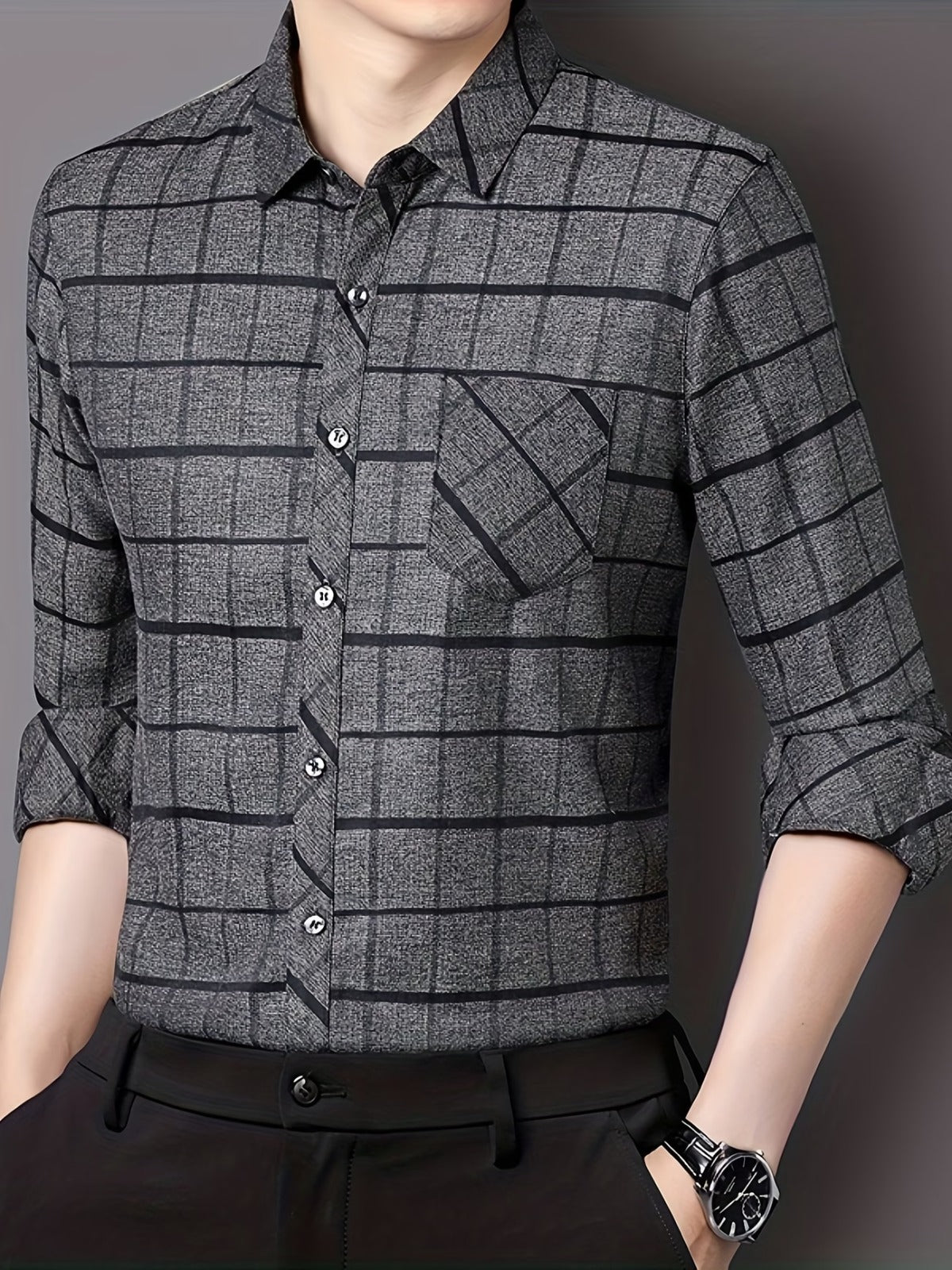 Men’s Premium Grey Windowpane Check Slim Fit Shirt