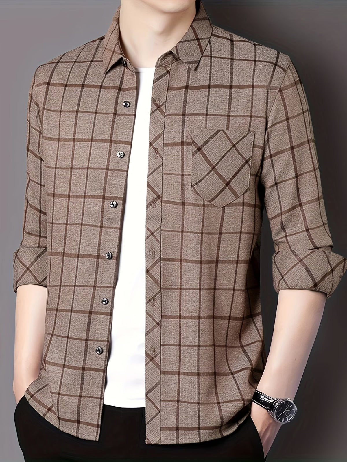 Men’s Premium Brown Windowpane Check Slim Fit Shirt