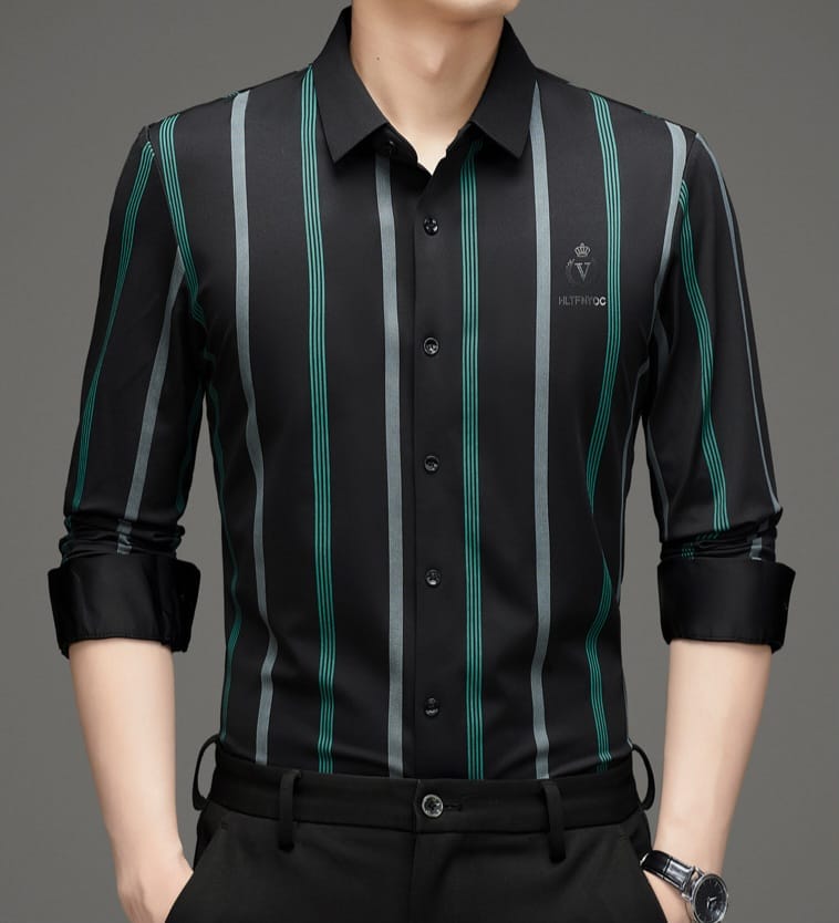 Premium Green Black Vertical Stripe Formal Shirt for Men