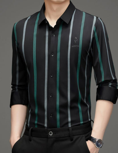 Premium Green Black Vertical Stripe Formal Shirt for Men
