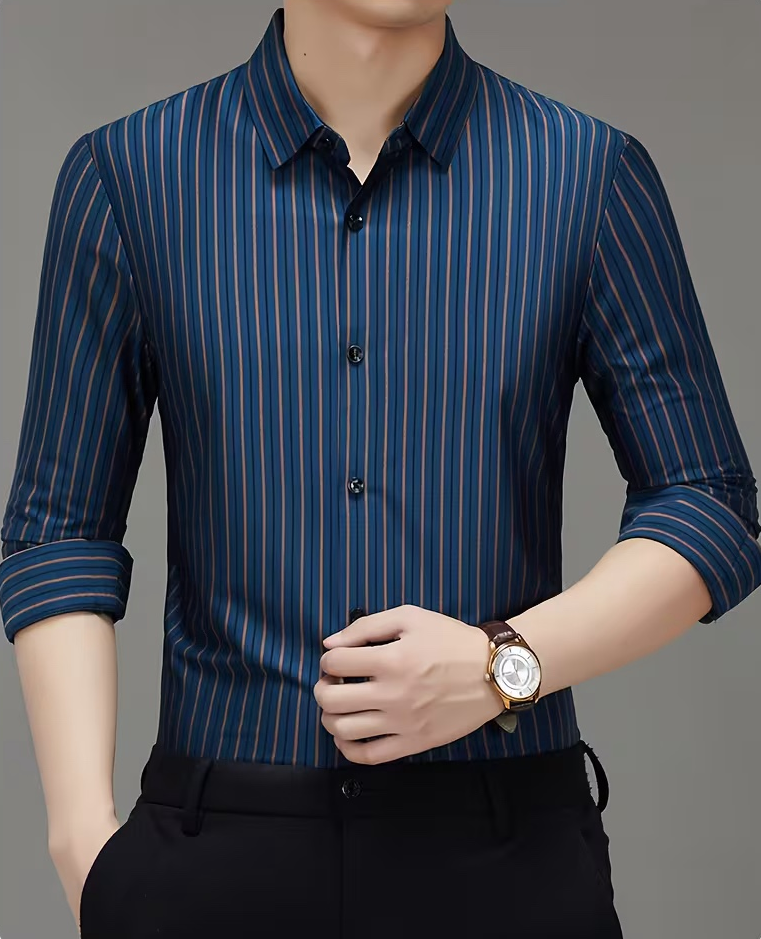 Men’s Navy Blue Vertical Striped Formal Shirt