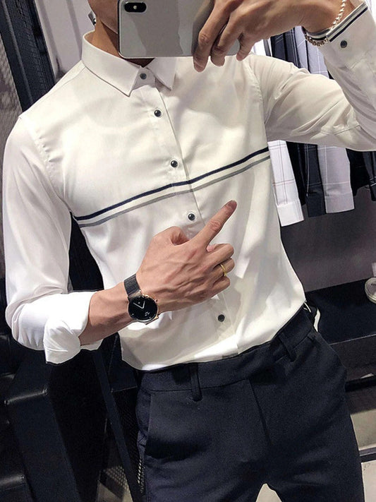 White vertical strip full sleeve shirt for men